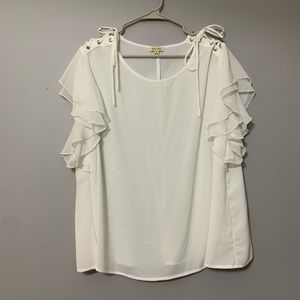 White lace up shoulder blouse top